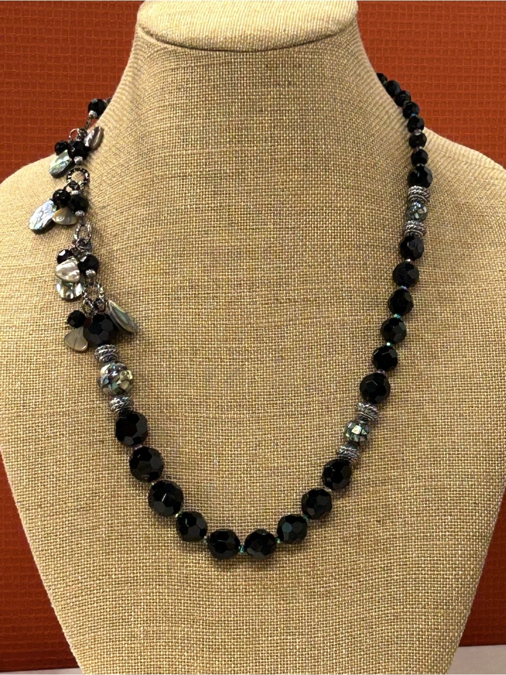 Jet black glass mother of pearl statement necklace